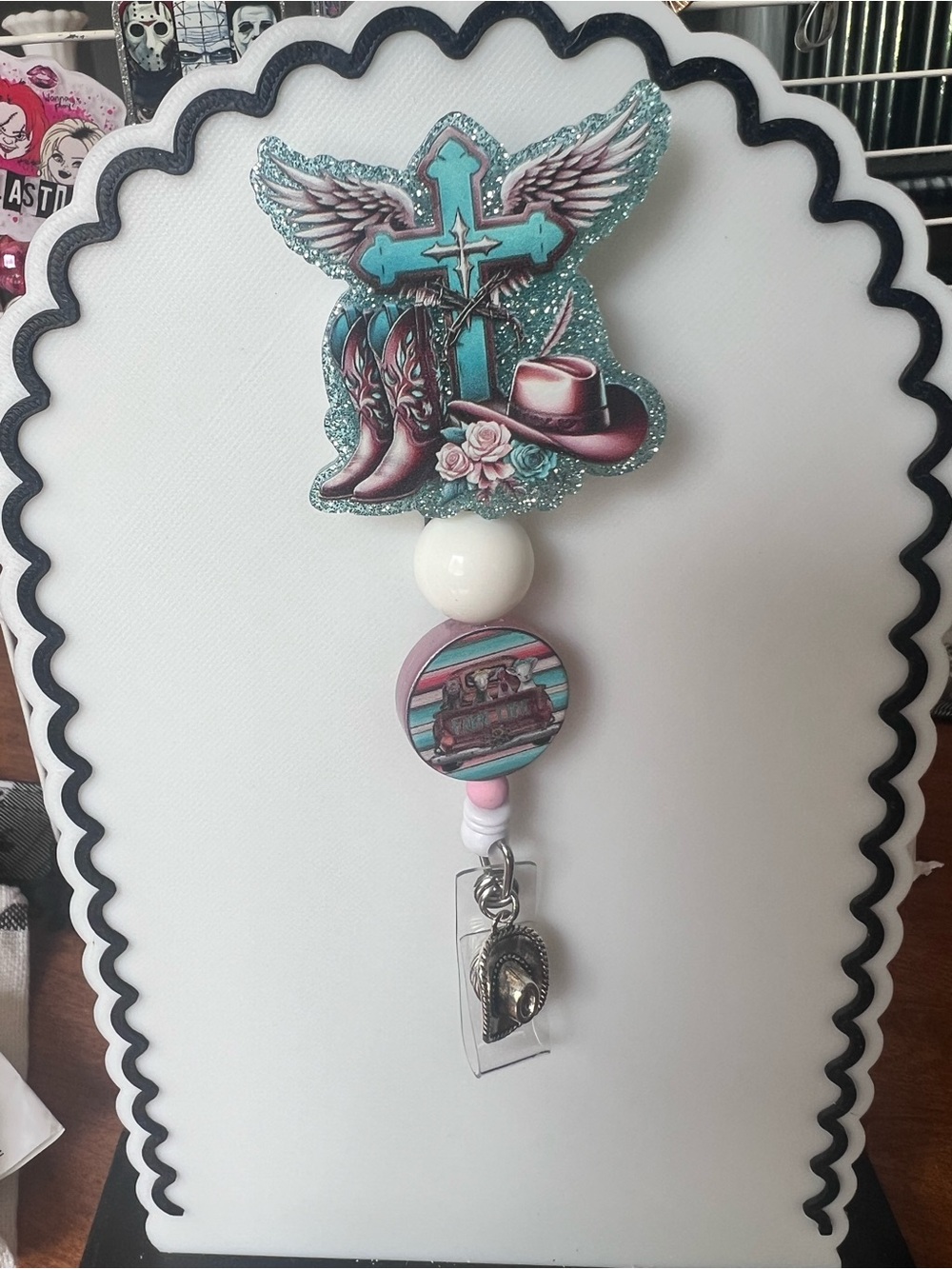Teal Cross & Cowboy Hat Badge Reel with Pink Accents